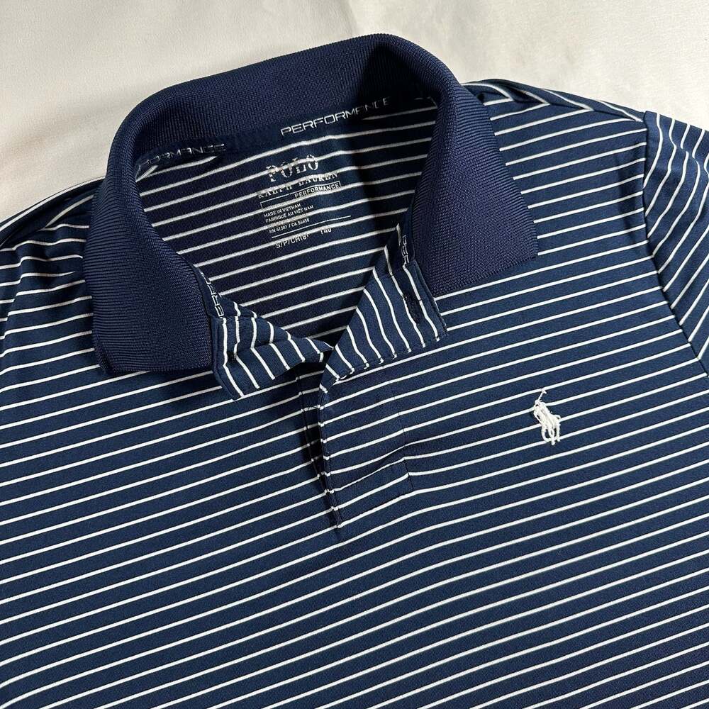 Polo Ralph Lauren Performance Navy and White Striped Polo Shirt Boys Small